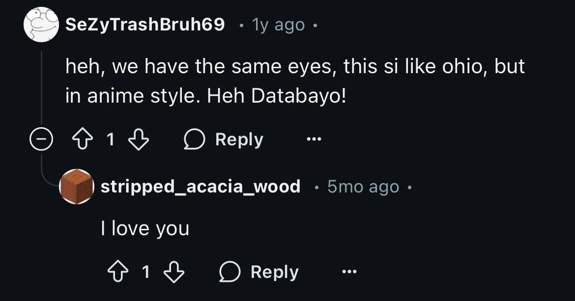 a Reddit comment thread of 2. the first reads: heh, we have the same eyes, this si like ohio, but in anime style. Heh Databayo! the second reads: I love you