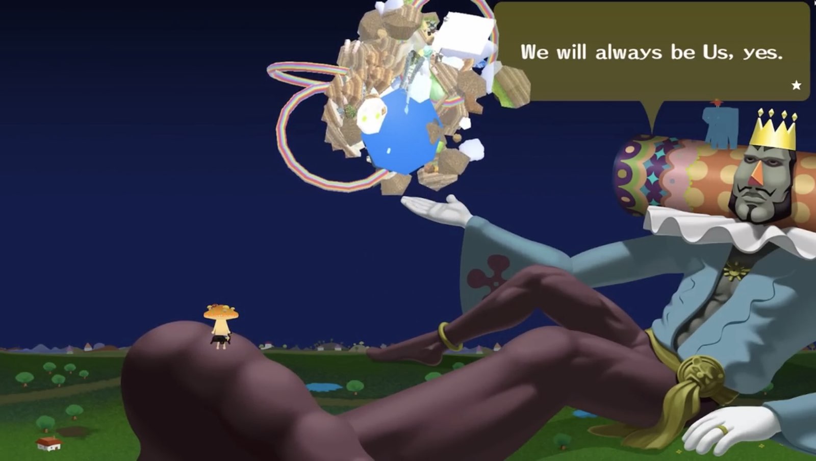 a screenshot from Katamari Damacy Reroll in which the king says: We will always be Us, yes.